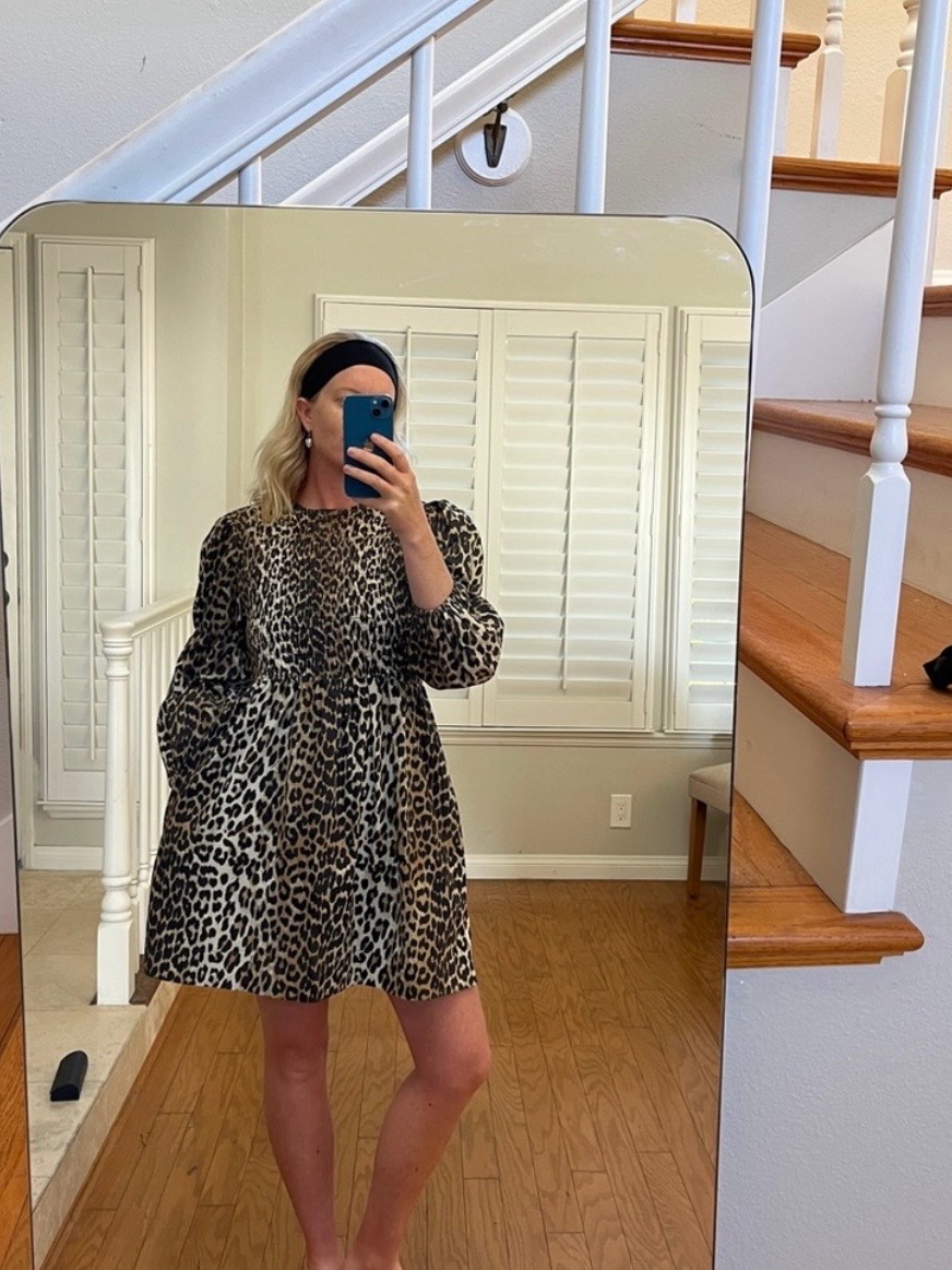 Ganni Leopard Print Babydoll Dress - Black/Tan